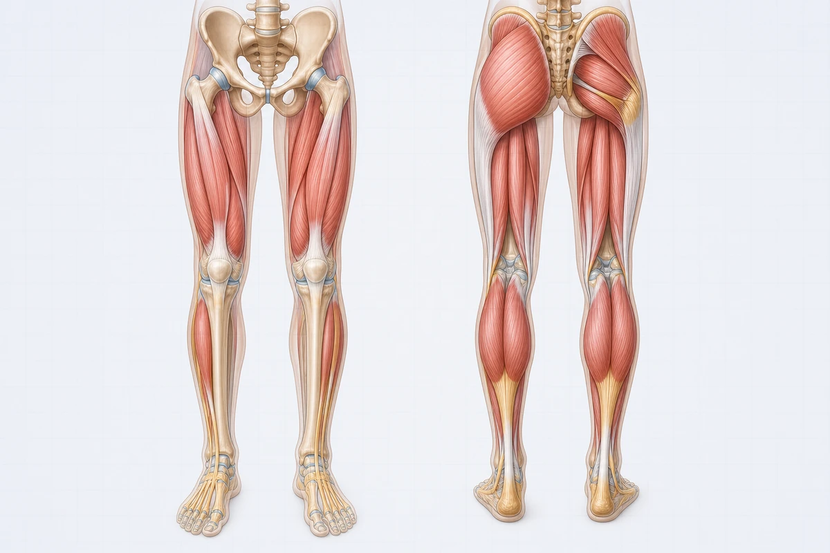 Anatomi tungkai pelari tampak depan dan belakang, memperlihatkan pelvis, tulang, otot paha, sendi lutut, otot betis, tendon Achilles, dan struktur kaki